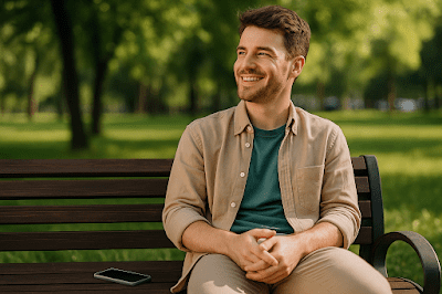 a man smiling and looking relaxed while sitting on a park bench, enjoying a moment of peace outside during a digital detox