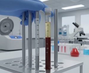 What is an ESR test used to diagnose? A close-up image of a blood sample in an ESR tube (Westergren or Wintrobe method) clearly showing the separation of red blood cells from the plasma, with the calibrated scale visible for reading the erythrocyte sedimentation rate.